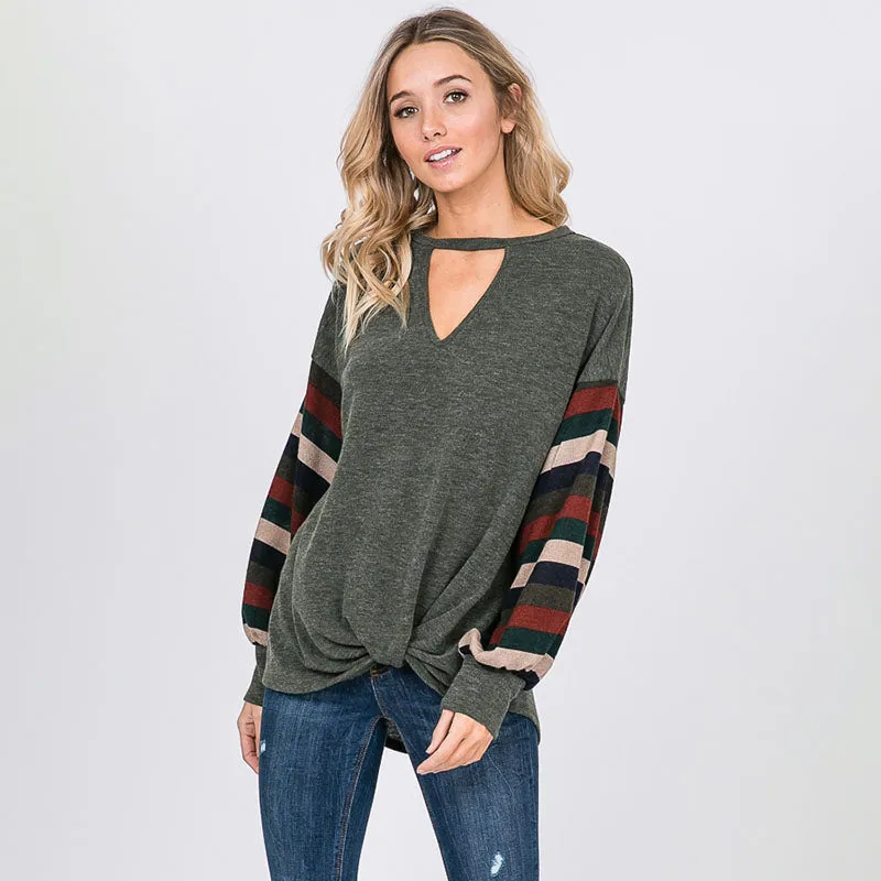 Aine Stripe Sleeve Top Khaki
