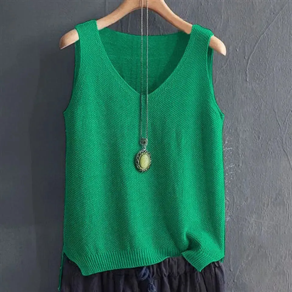 Big Size 5XL Solid Vintage Sleeveless Sweaters Vest Spring Autumn Loose V-Neck Pullover Fashion Casual Women Knit Tops 2022 New