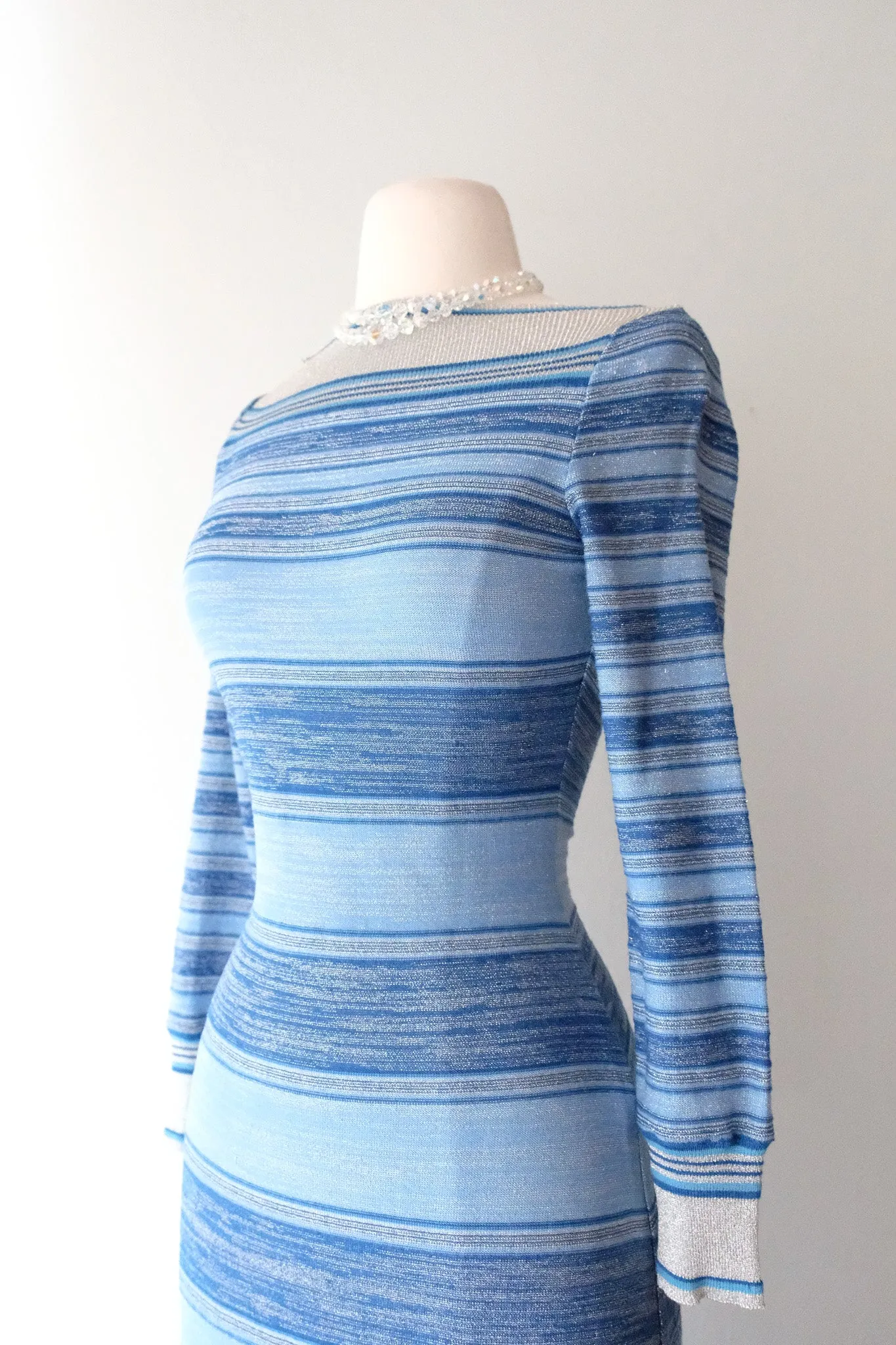 Brilliant 1970's Blue & Silver Striped Metallic Knit Evening Gown / Sz SM