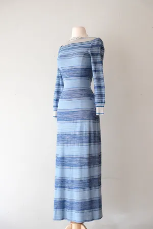 Brilliant 1970's Blue & Silver Striped Metallic Knit Evening Gown / Sz SM
