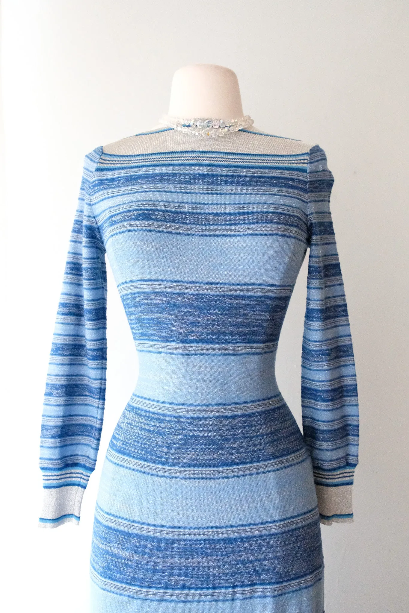 Brilliant 1970's Blue & Silver Striped Metallic Knit Evening Gown / Sz SM