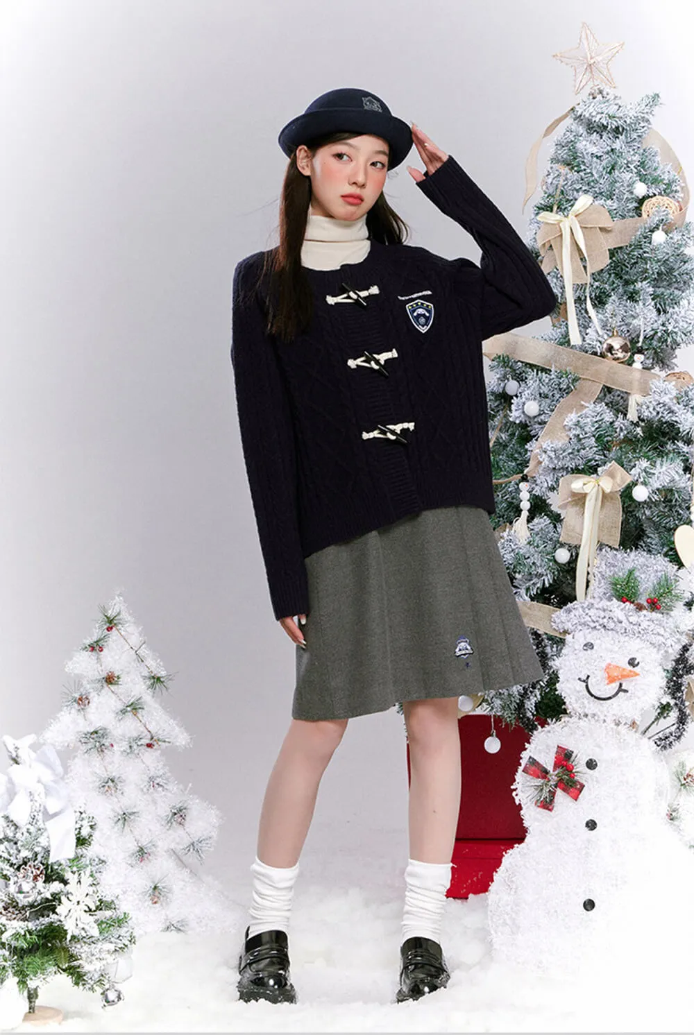 Cinnamoroll Preppy Style Crew Neck Navy Cable Knit Cardigan