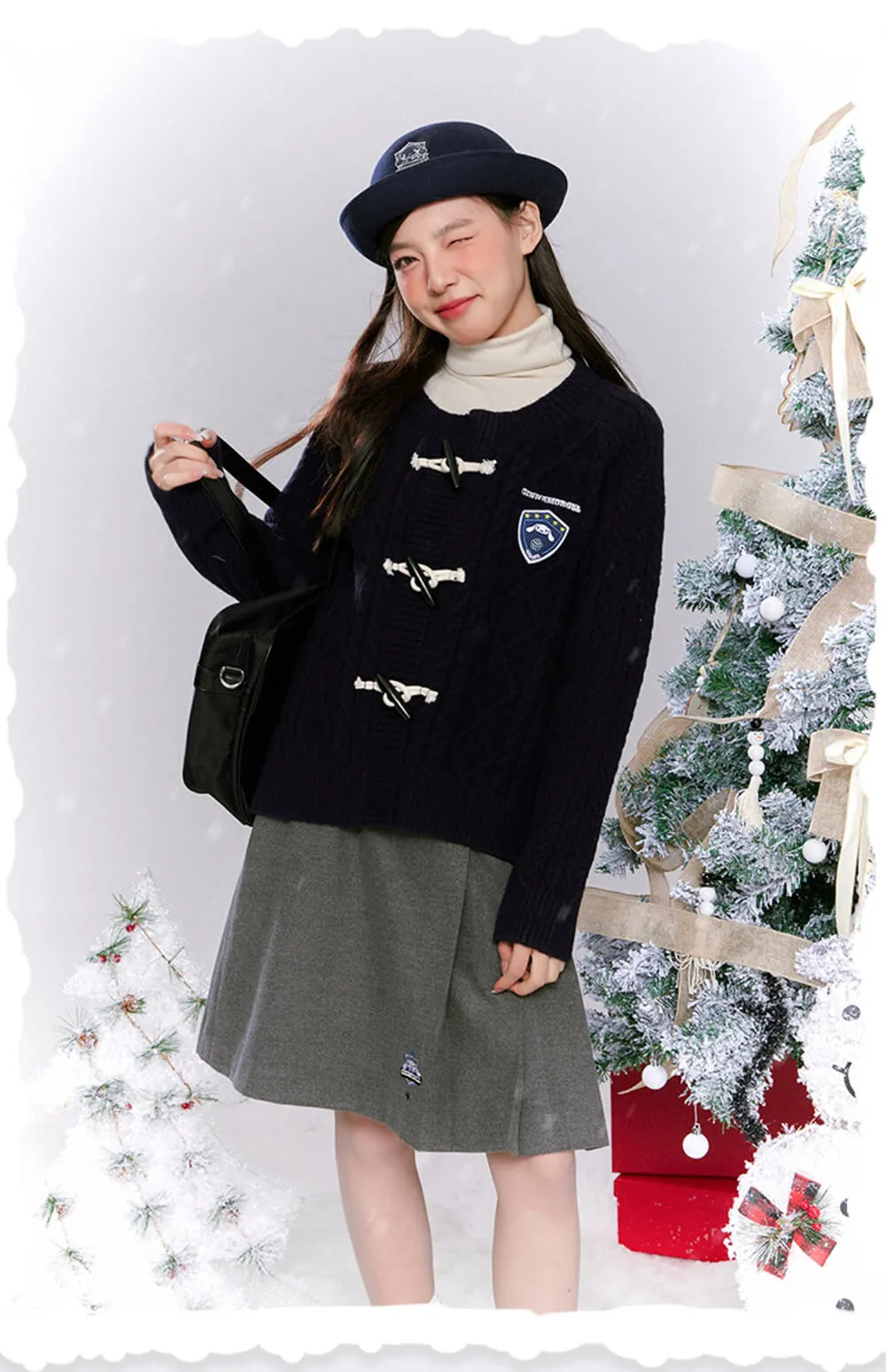 Cinnamoroll Preppy Style Crew Neck Navy Cable Knit Cardigan