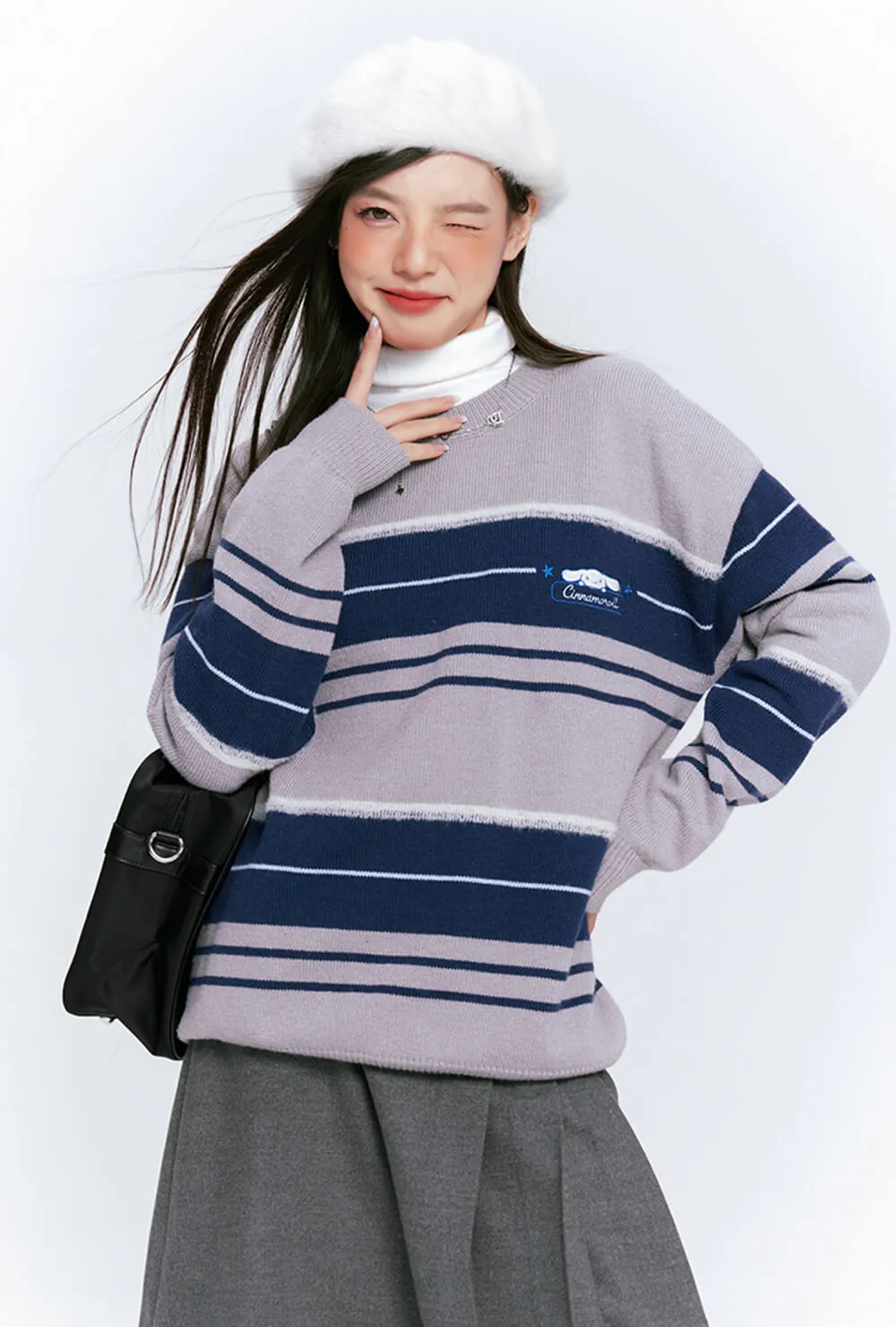 Cinnamoroll Round Neck Striped Loose Knit Jumper