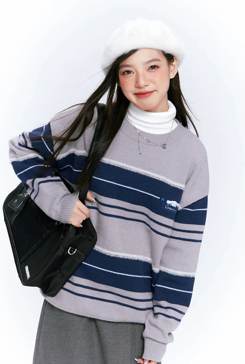 Cinnamoroll Round Neck Striped Loose Knit Jumper
