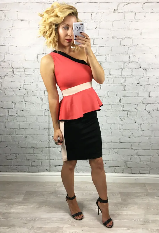 Coral & Black Peplum Ariana Bodycon Dress