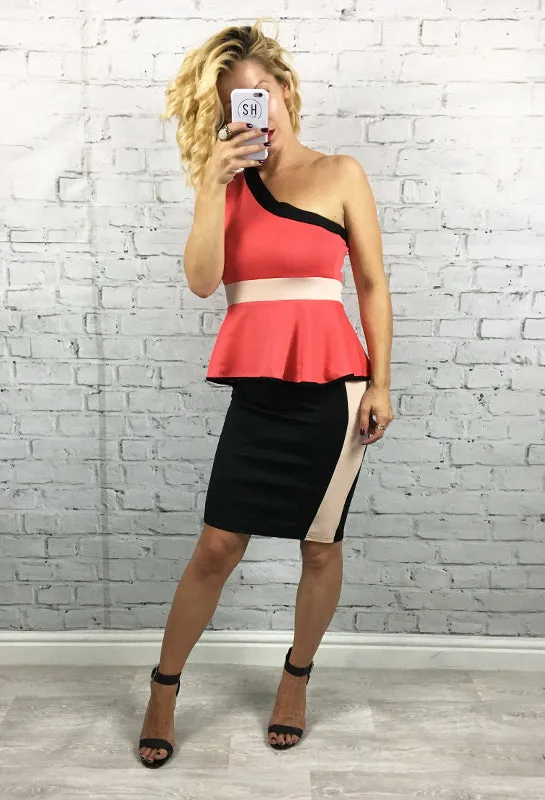 Coral & Black Peplum Ariana Bodycon Dress