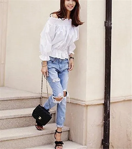 F.C Women's Destroyed Jeans Ripped Washed Boyfriend Long Denim Trousers As picture £¨US,M/Asia,L£