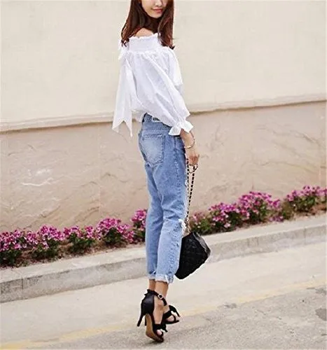 F.C Women's Destroyed Jeans Ripped Washed Boyfriend Long Denim Trousers As picture £¨US,M/Asia,L£