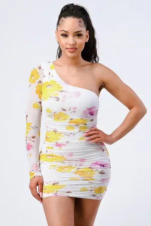 FLORAL CHIFFON ONE SHOULDER BODYCON DRESS
