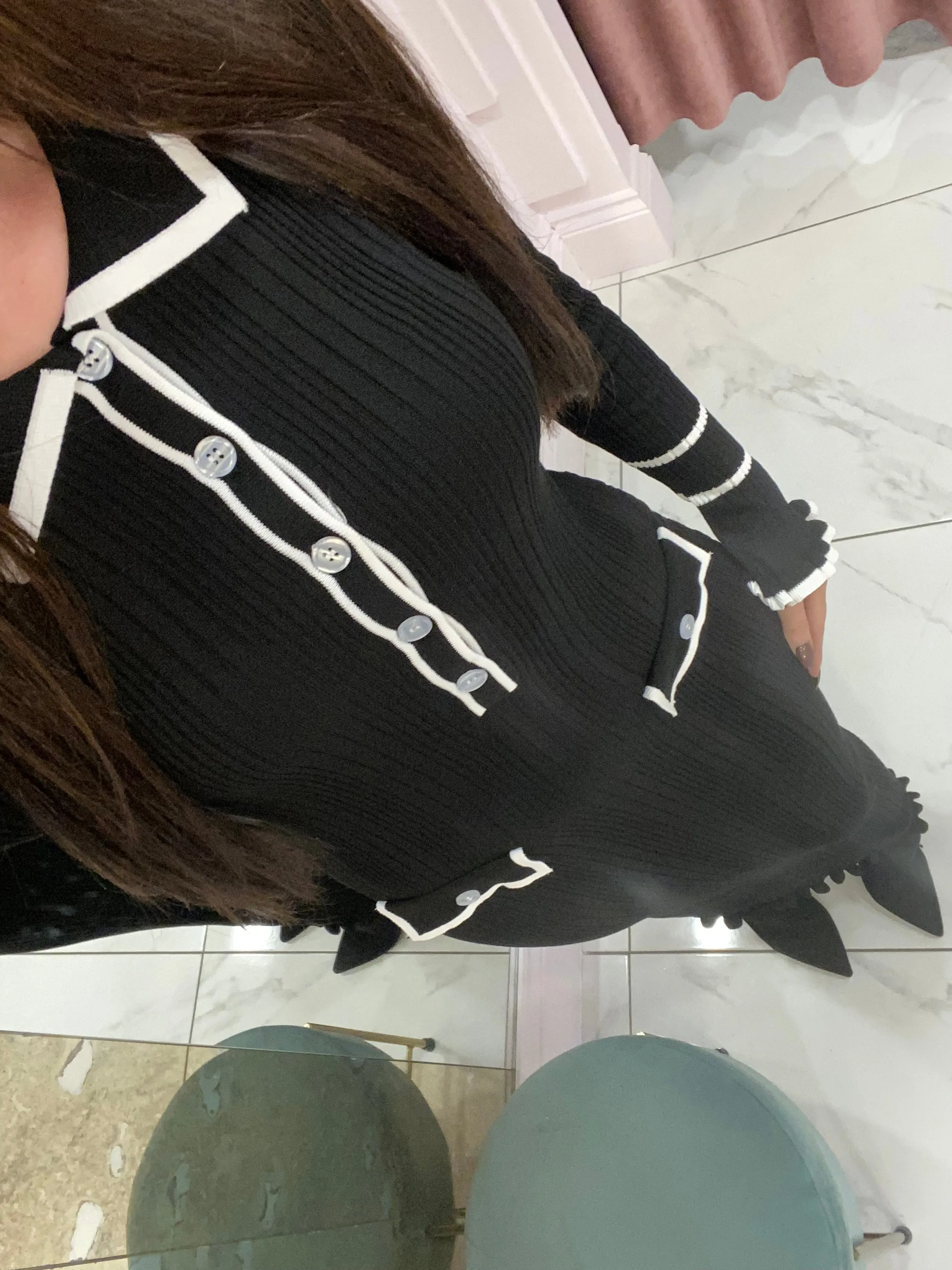 Jayne Black & White Long Sleeve Knit Midi Dress