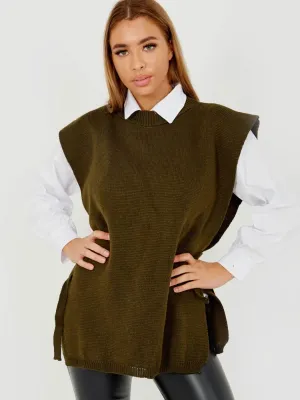 Kathrine Tie Side Crew Neck Knitted Vest In Khaki