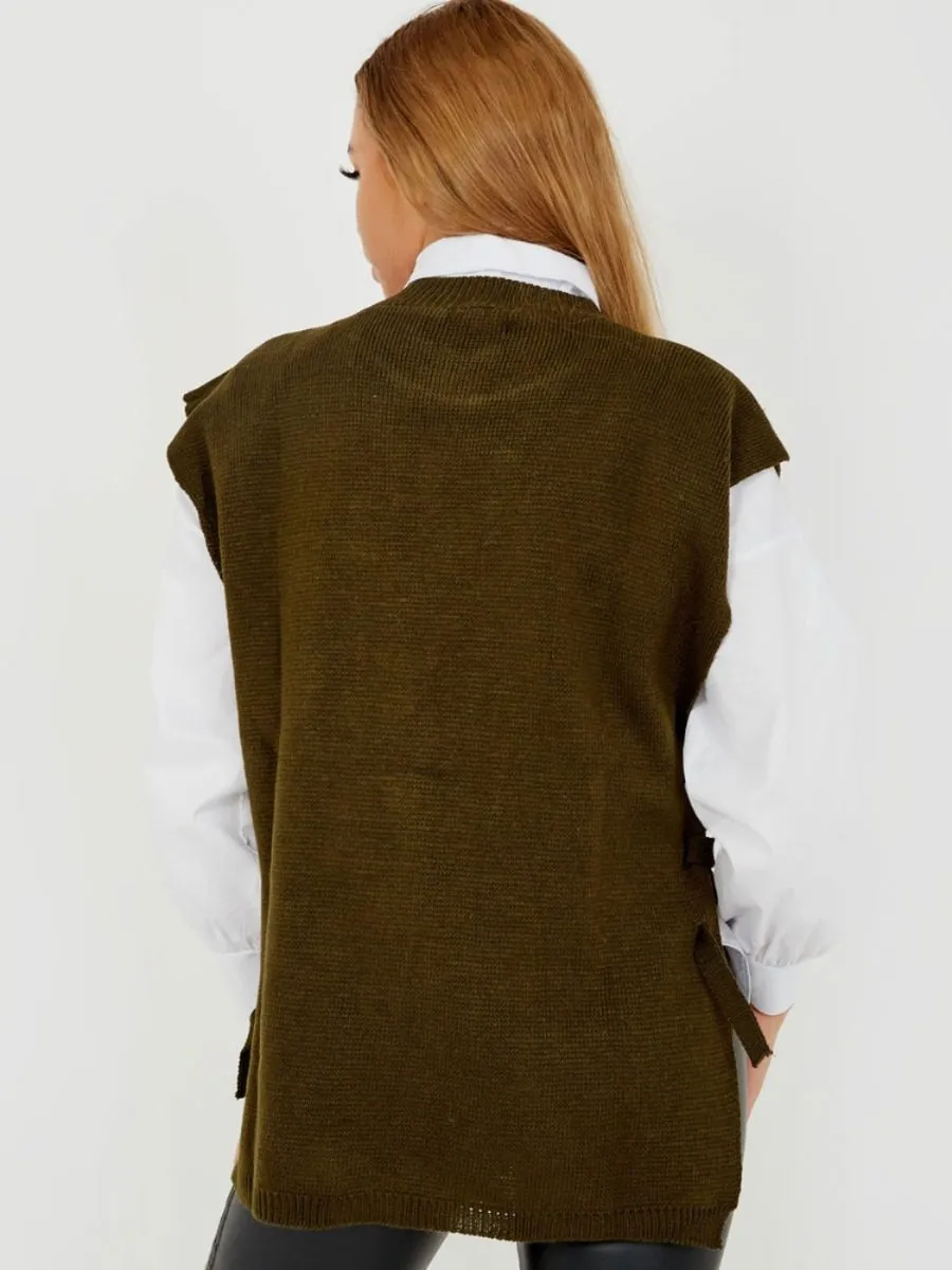 Kathrine Tie Side Crew Neck Knitted Vest In Khaki