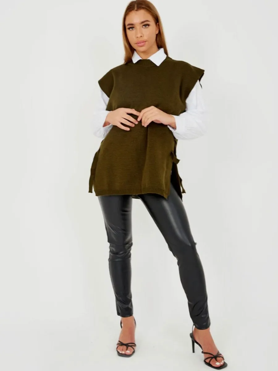 Kathrine Tie Side Crew Neck Knitted Vest In Khaki