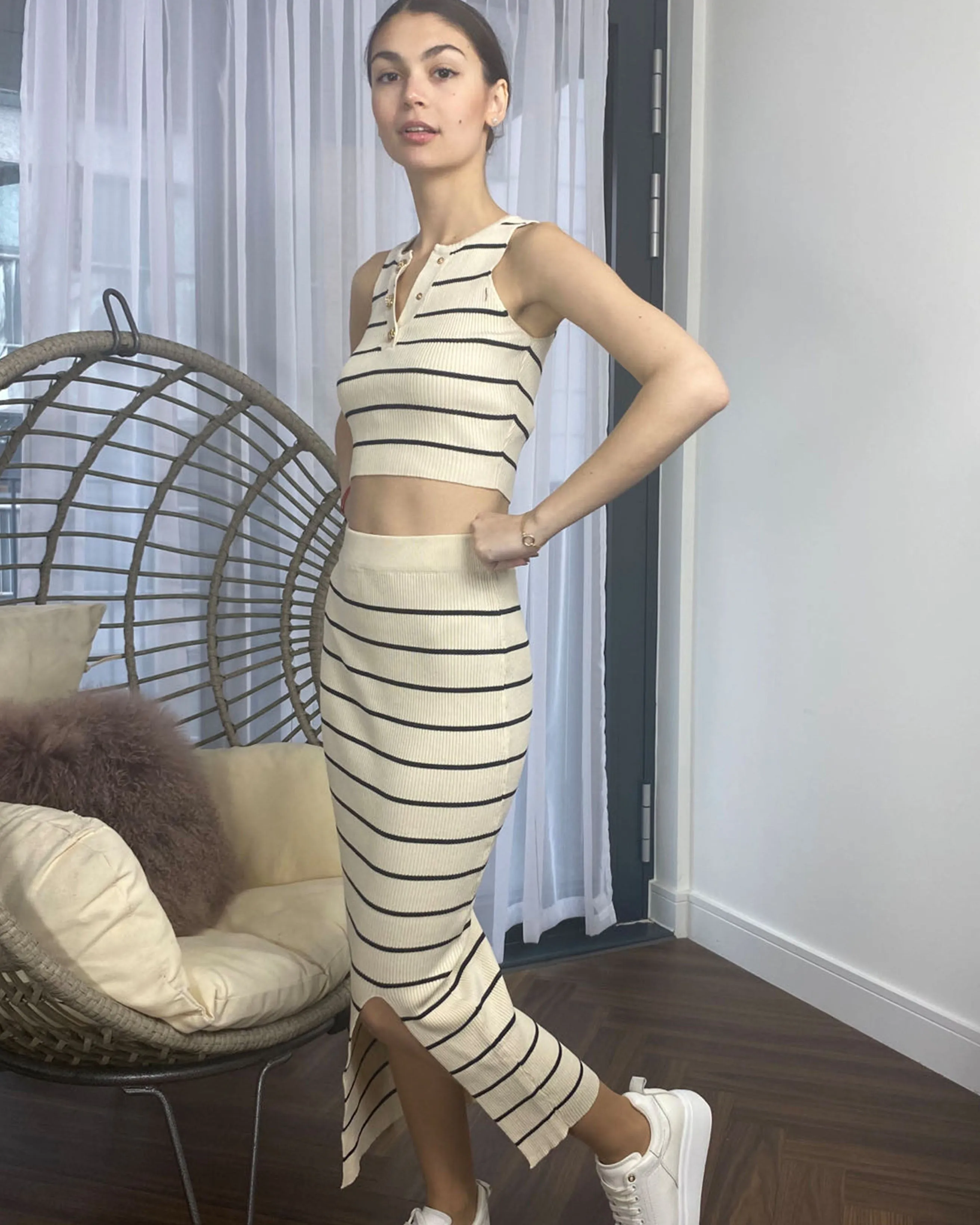 Knitted stripe print vest top and midi skirt co-ords set in beige