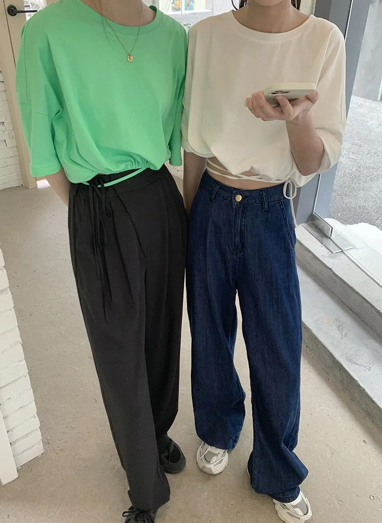 [Korean Style] Black Drawstring Pleated Full Length Dress-up Trousers