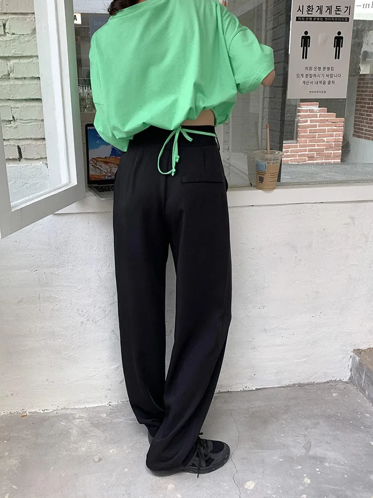 [Korean Style] Black Drawstring Pleated Full Length Dress-up Trousers
