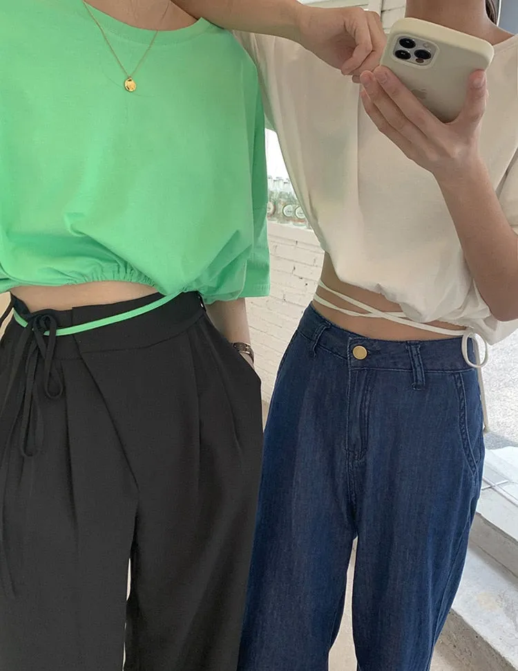 [Korean Style] Black Drawstring Pleated Full Length Dress-up Trousers