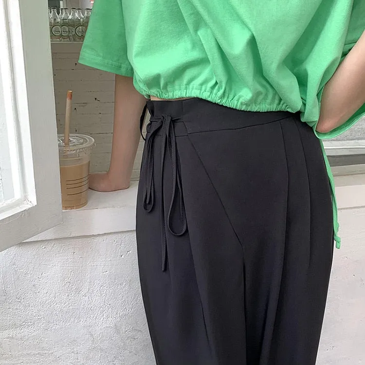 [Korean Style] Black Drawstring Pleated Full Length Dress-up Trousers
