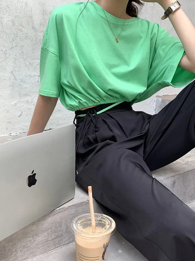 [Korean Style] Black Drawstring Pleated Full Length Dress-up Trousers