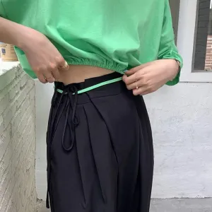 [Korean Style] Black Drawstring Pleated Full Length Dress-up Trousers