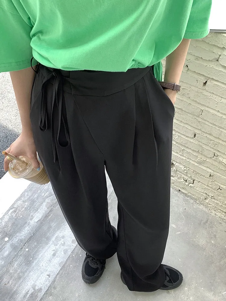[Korean Style] Black Drawstring Pleated Full Length Dress-up Trousers