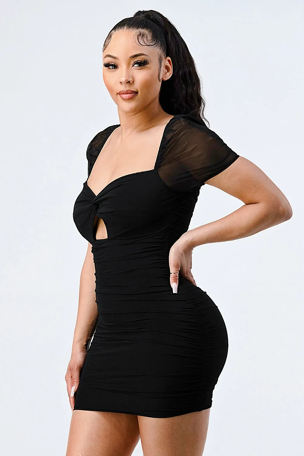 LUX MESH SWEETHEART TWIST KEYHOLE BODYCON DRESS