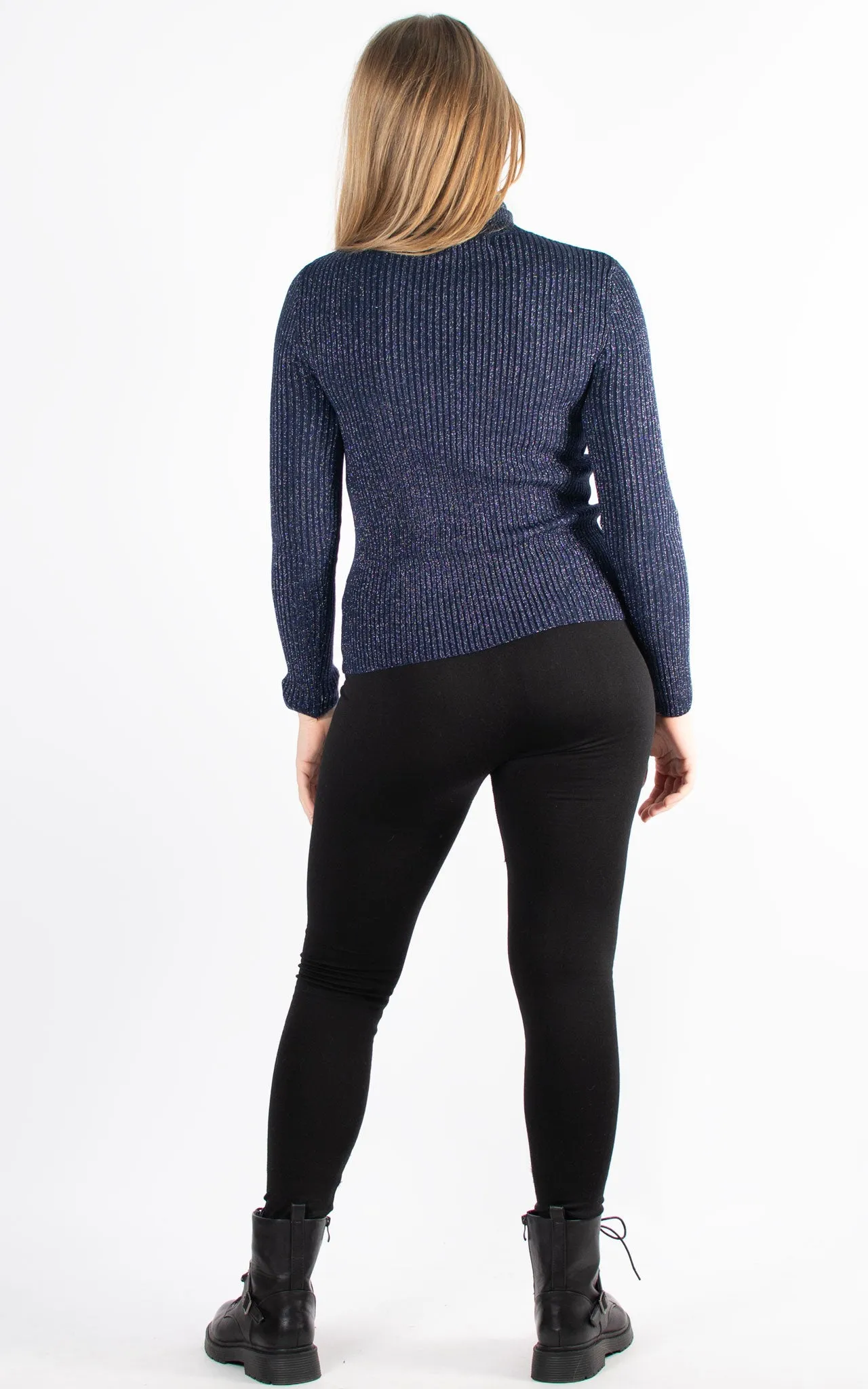 Metallic Knit Roll Neck Top | Navy