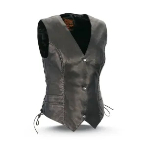 Milwaukee Leather bfr 4560 Ladies Black Braided Leather Vest with Side Laces