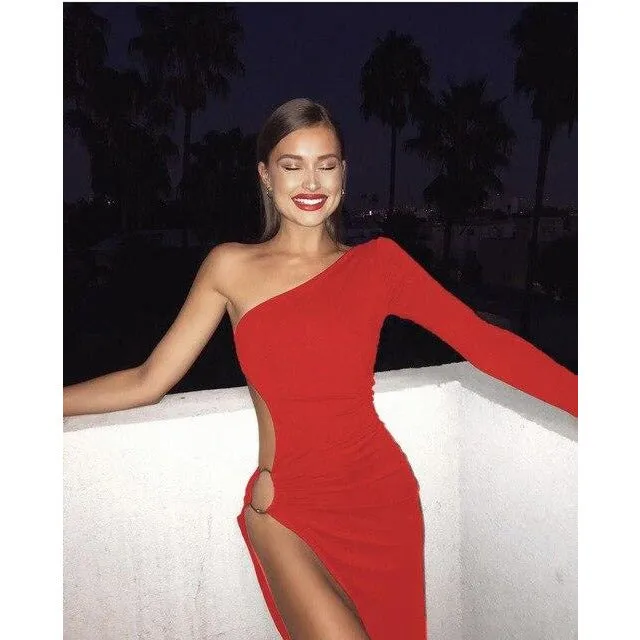 One Shoulder Side Slit Bodycon Midi Dress
