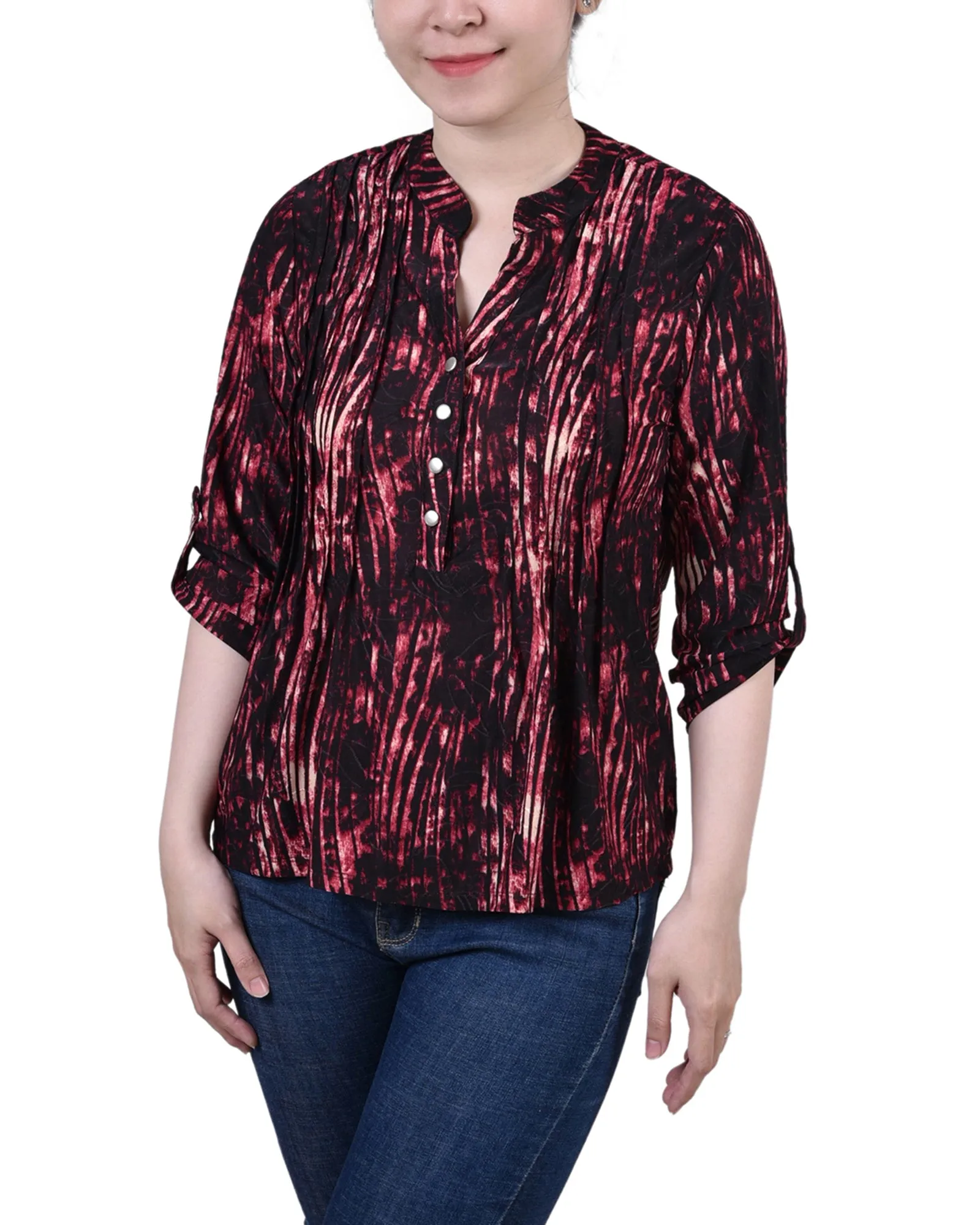 Petite 3/4 Sleeve Roll Tab Y Neck Pullover Top