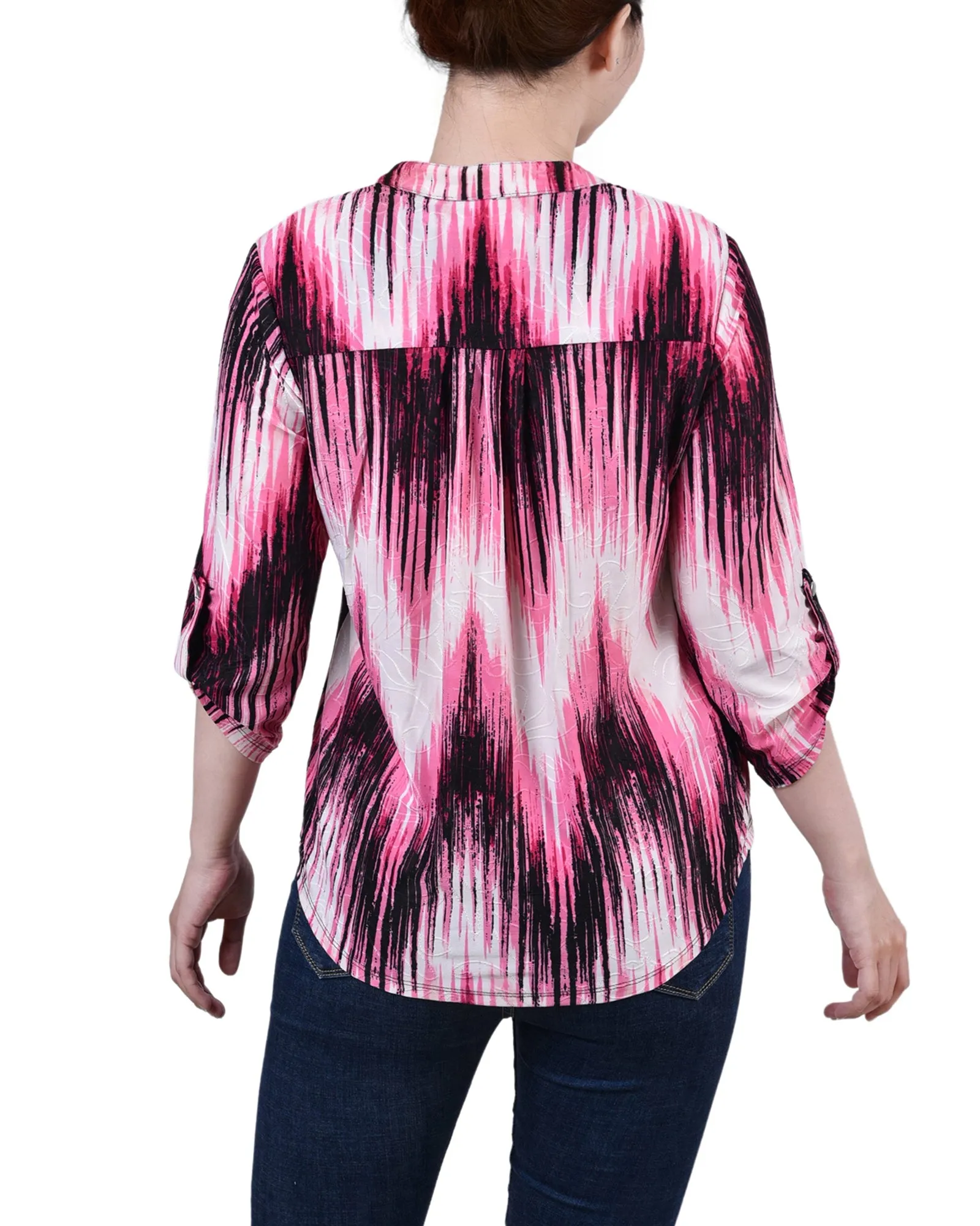 Petite 3/4 Sleeve Roll Tab Y Neck Pullover Top