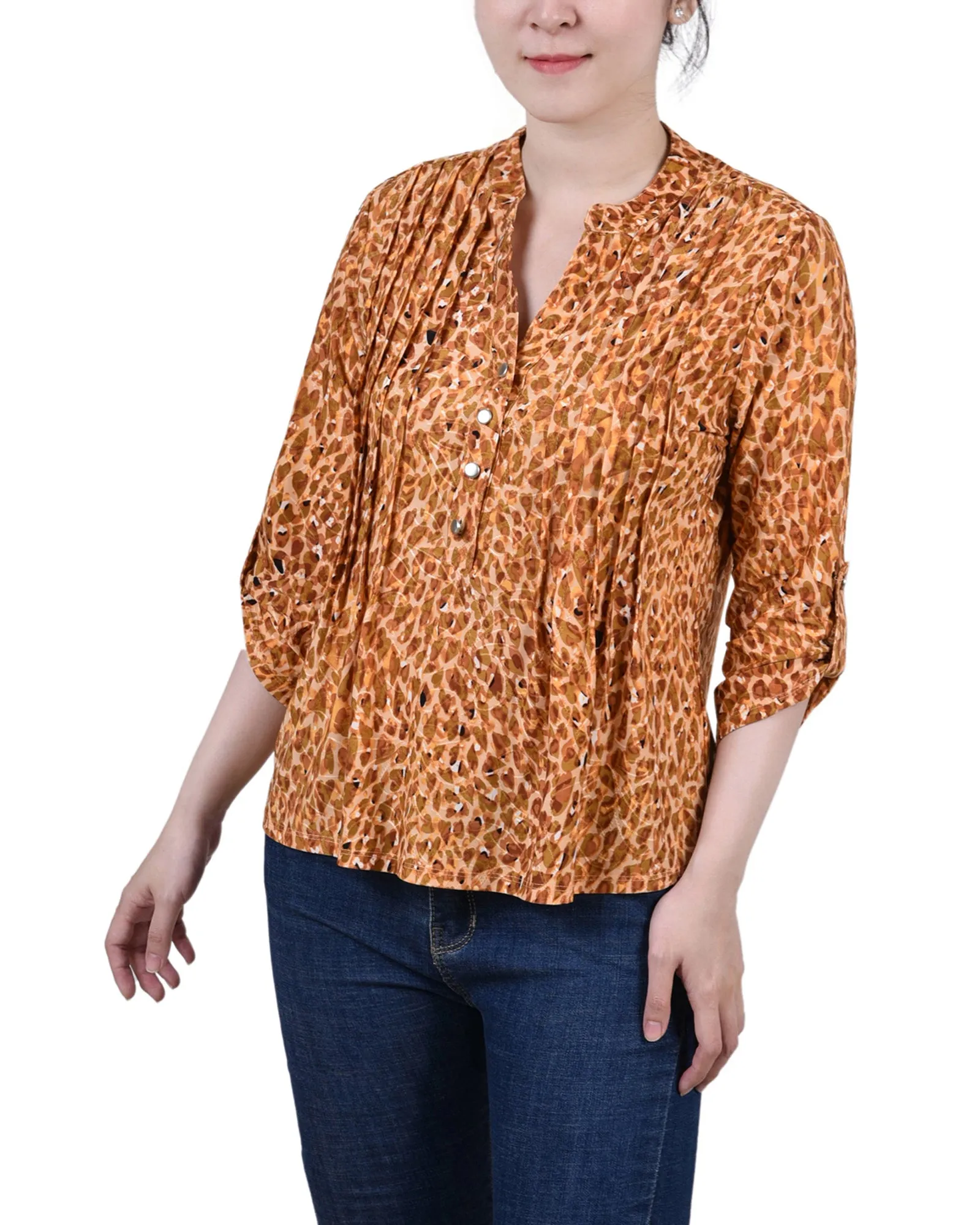 Petite 3/4 Sleeve Roll Tab Y Neck Pullover Top