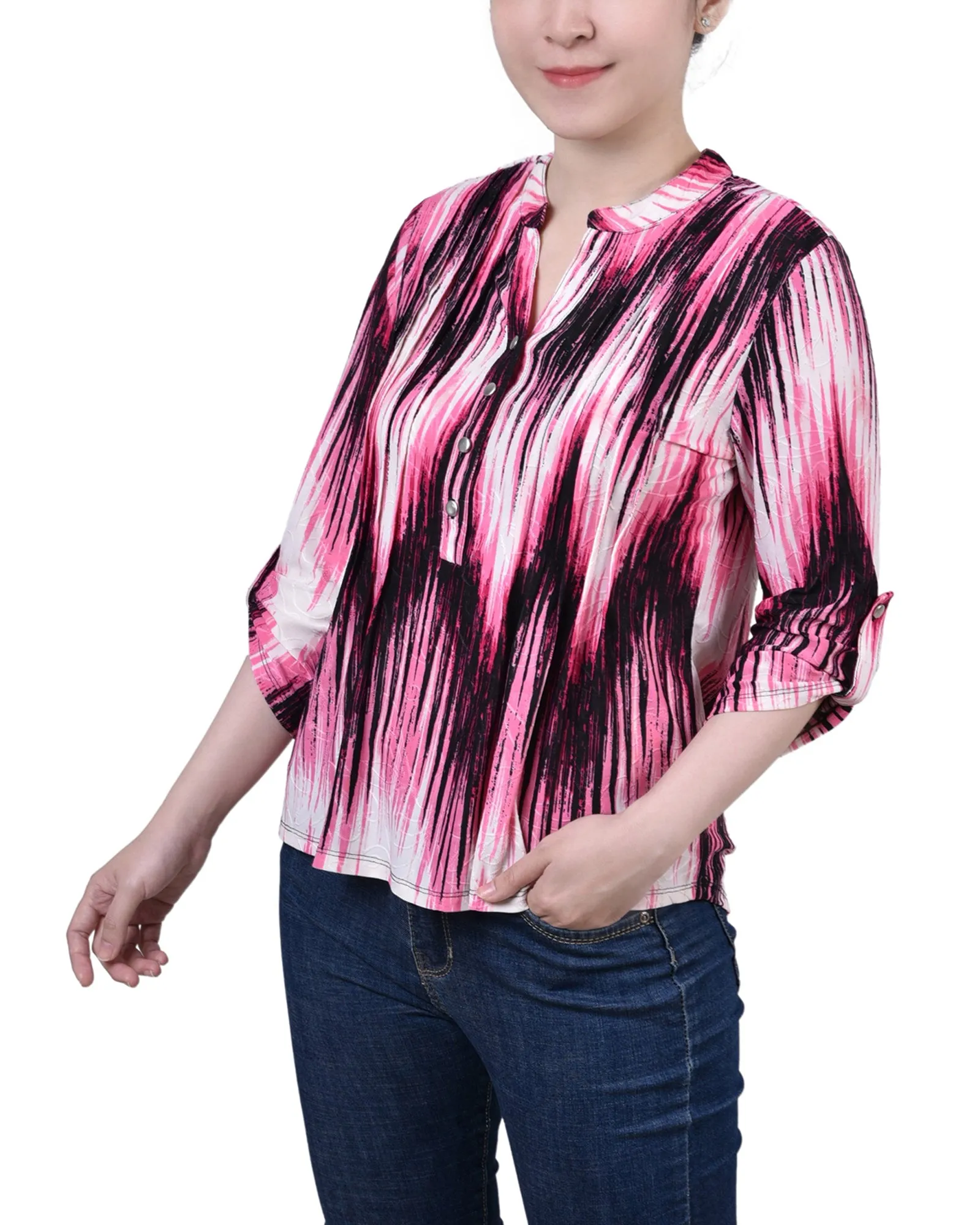 Petite 3/4 Sleeve Roll Tab Y Neck Pullover Top
