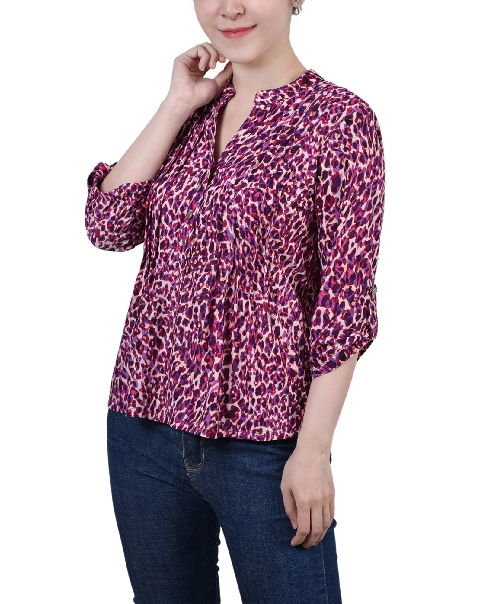 Petite 3/4 Sleeve Roll Tab Y Neck Pullover Top