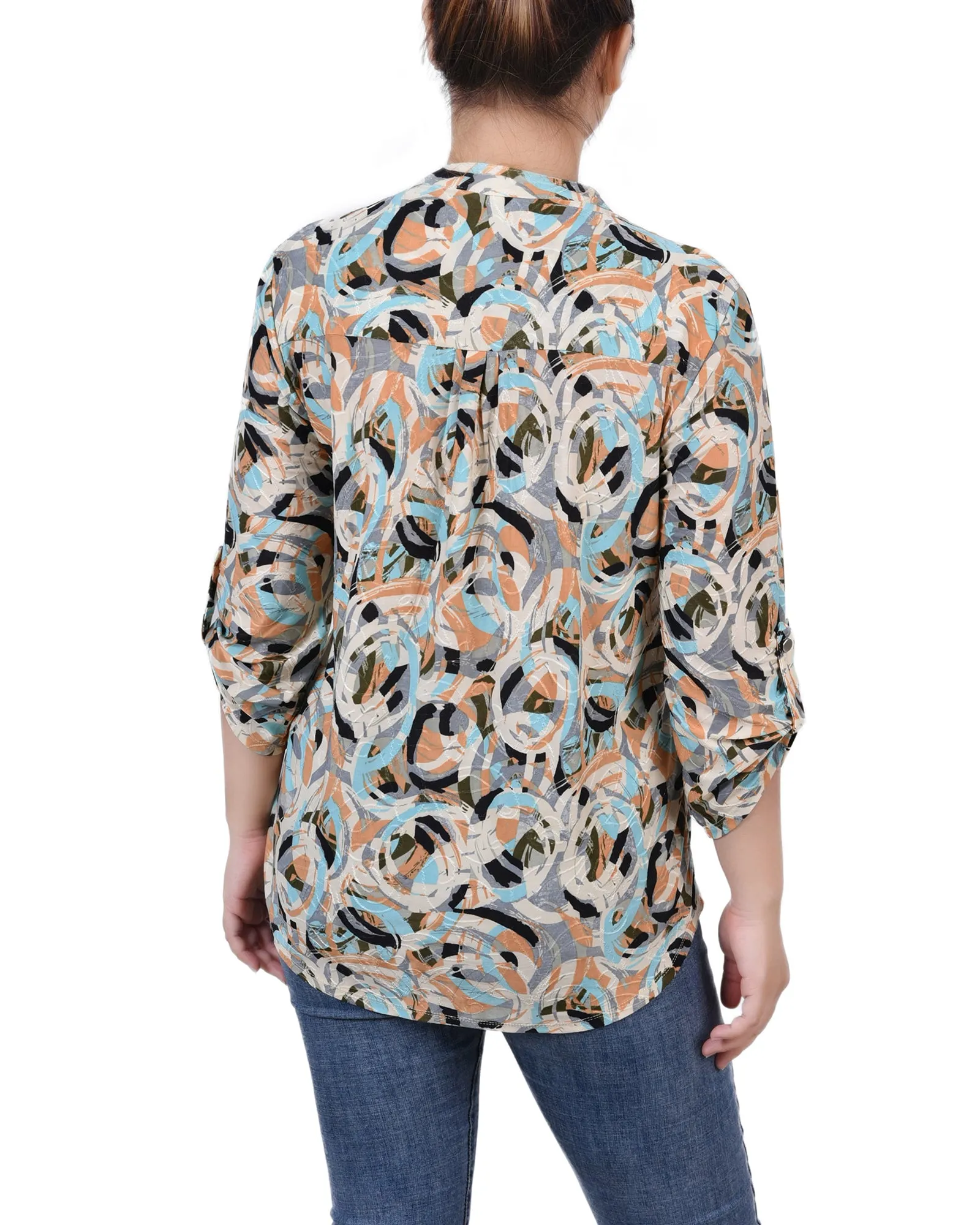 Petite 3/4 Sleeve Roll Tab Y Neck Pullover Top