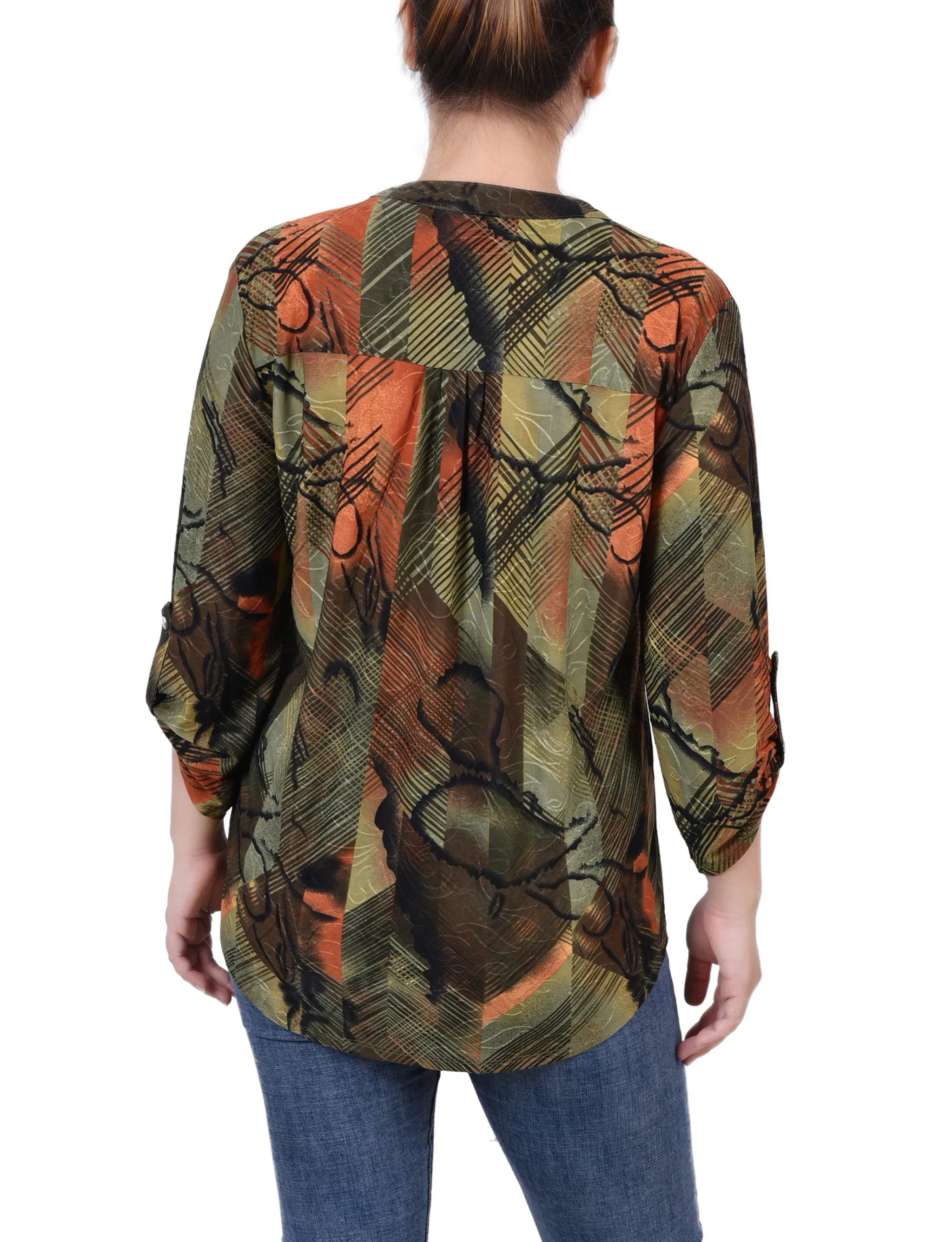 Petite 3/4 Sleeve Roll Tab Y Neck Pullover Top
