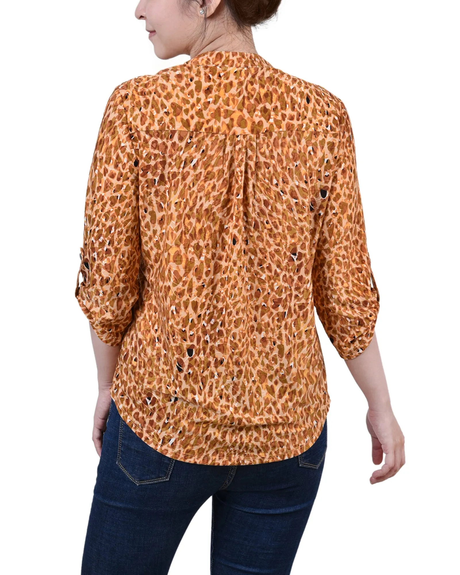 Petite 3/4 Sleeve Roll Tab Y Neck Pullover Top