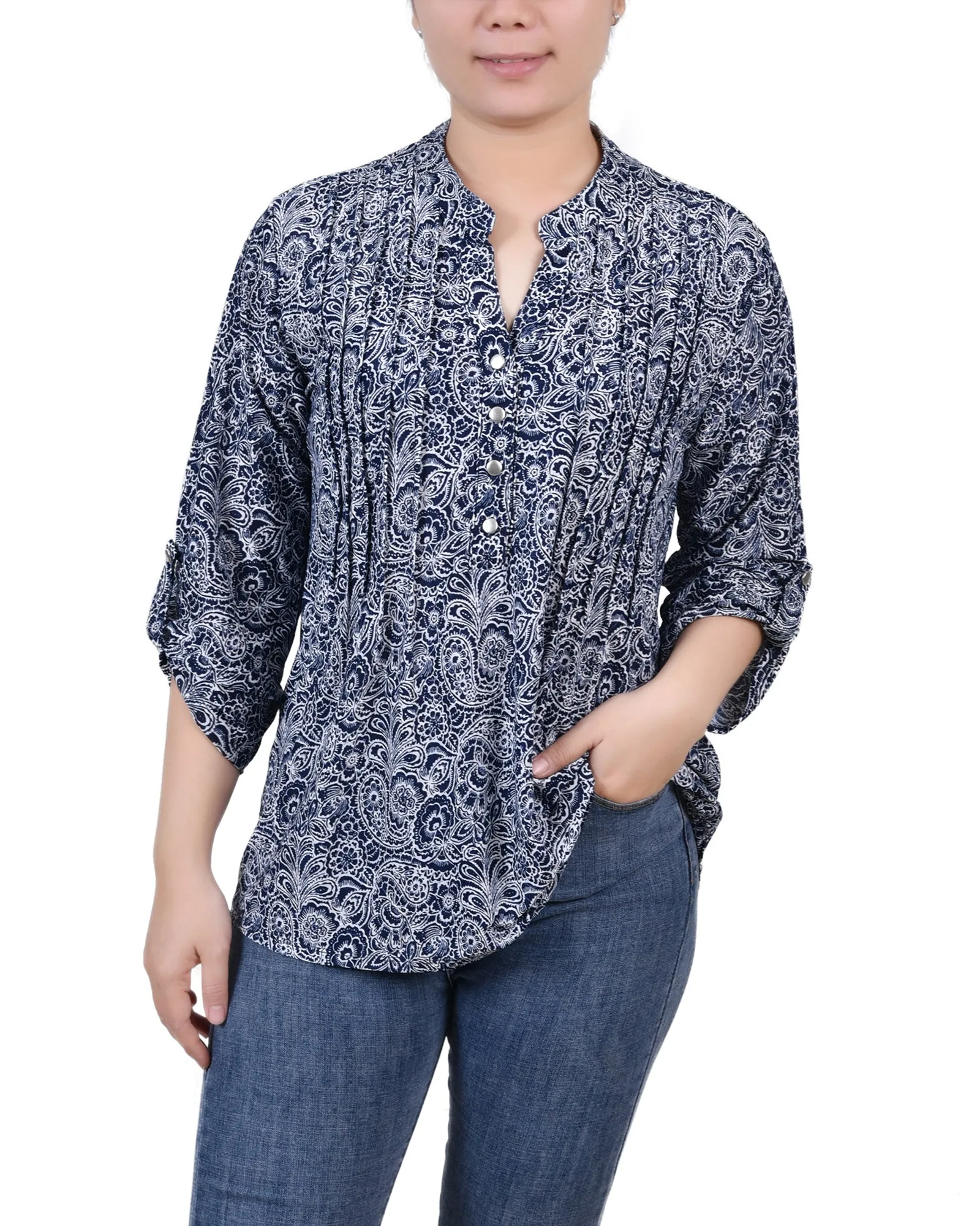 Petite 3/4 Sleeve Roll Tab Y Neck Pullover Top