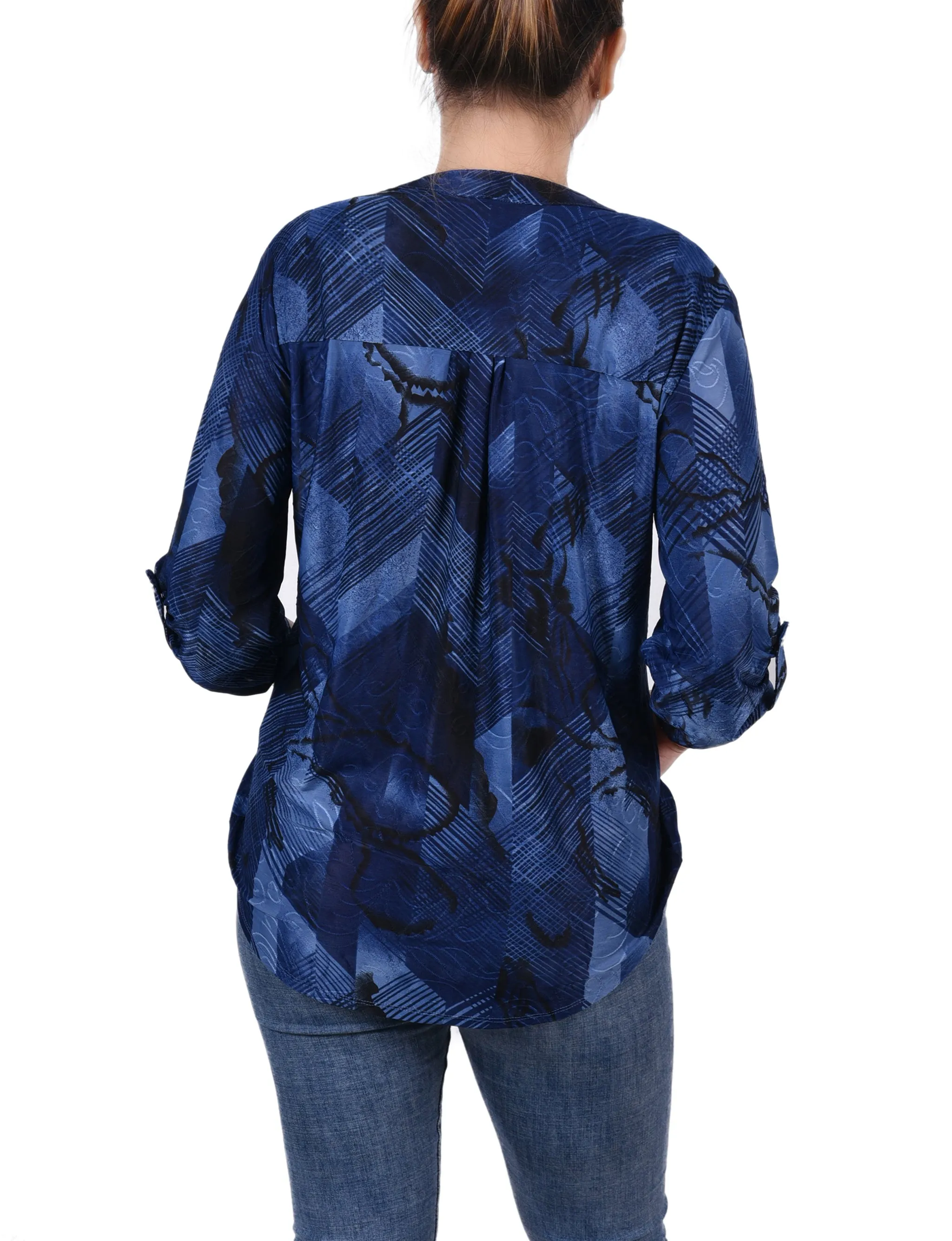Petite 3/4 Sleeve Roll Tab Y Neck Pullover Top