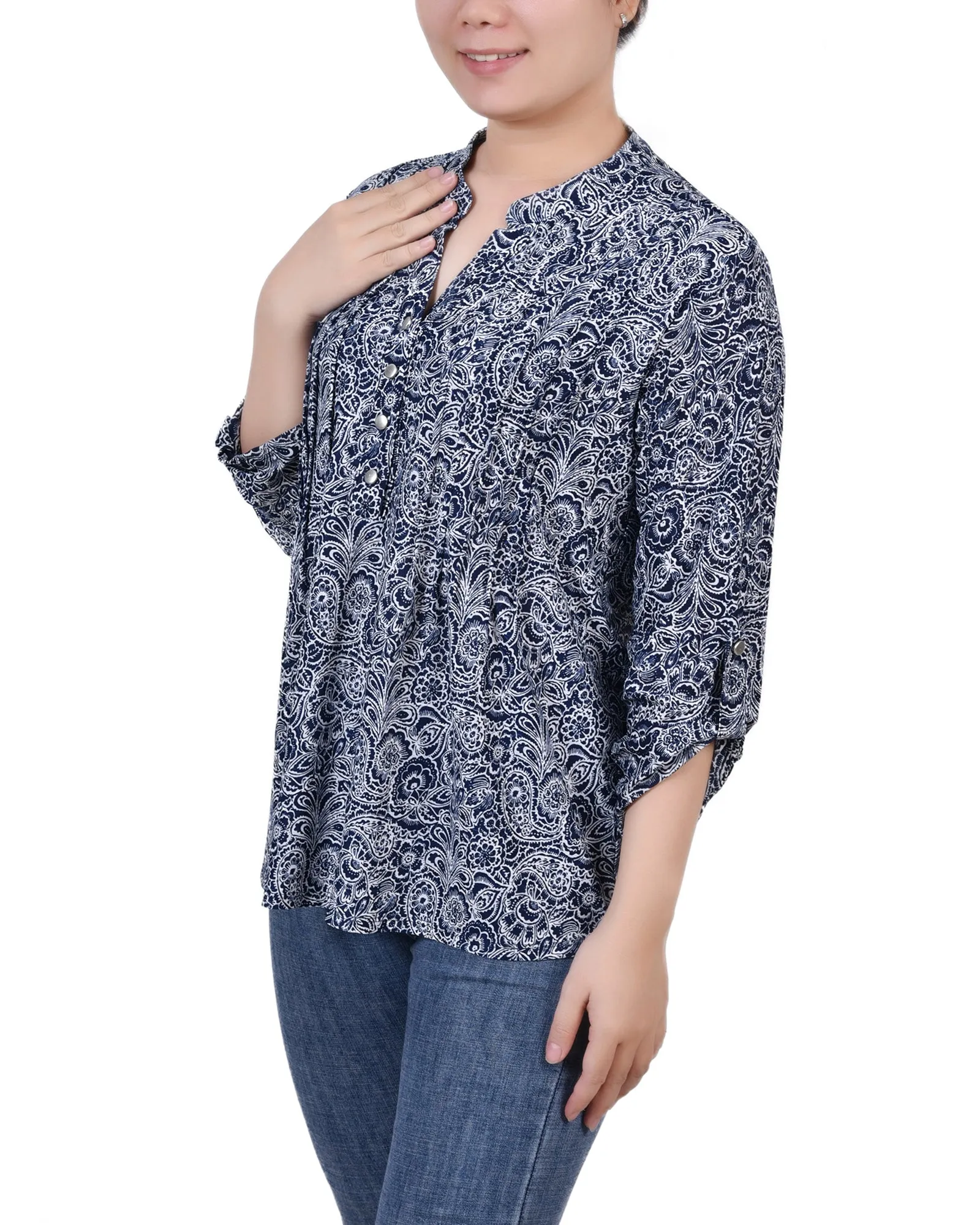 Petite 3/4 Sleeve Roll Tab Y Neck Pullover Top