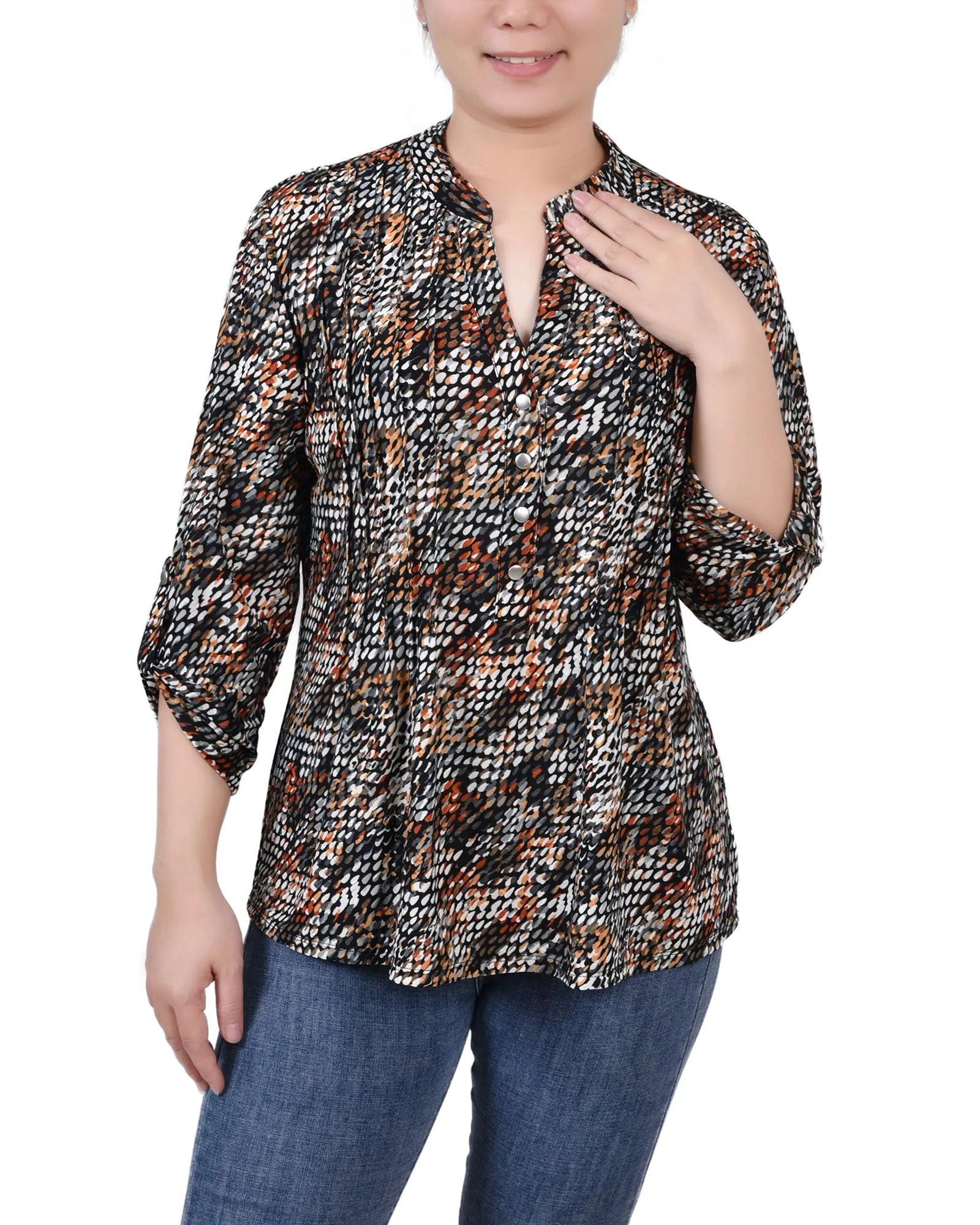 Petite 3/4 Sleeve Roll Tab Y Neck Pullover Top