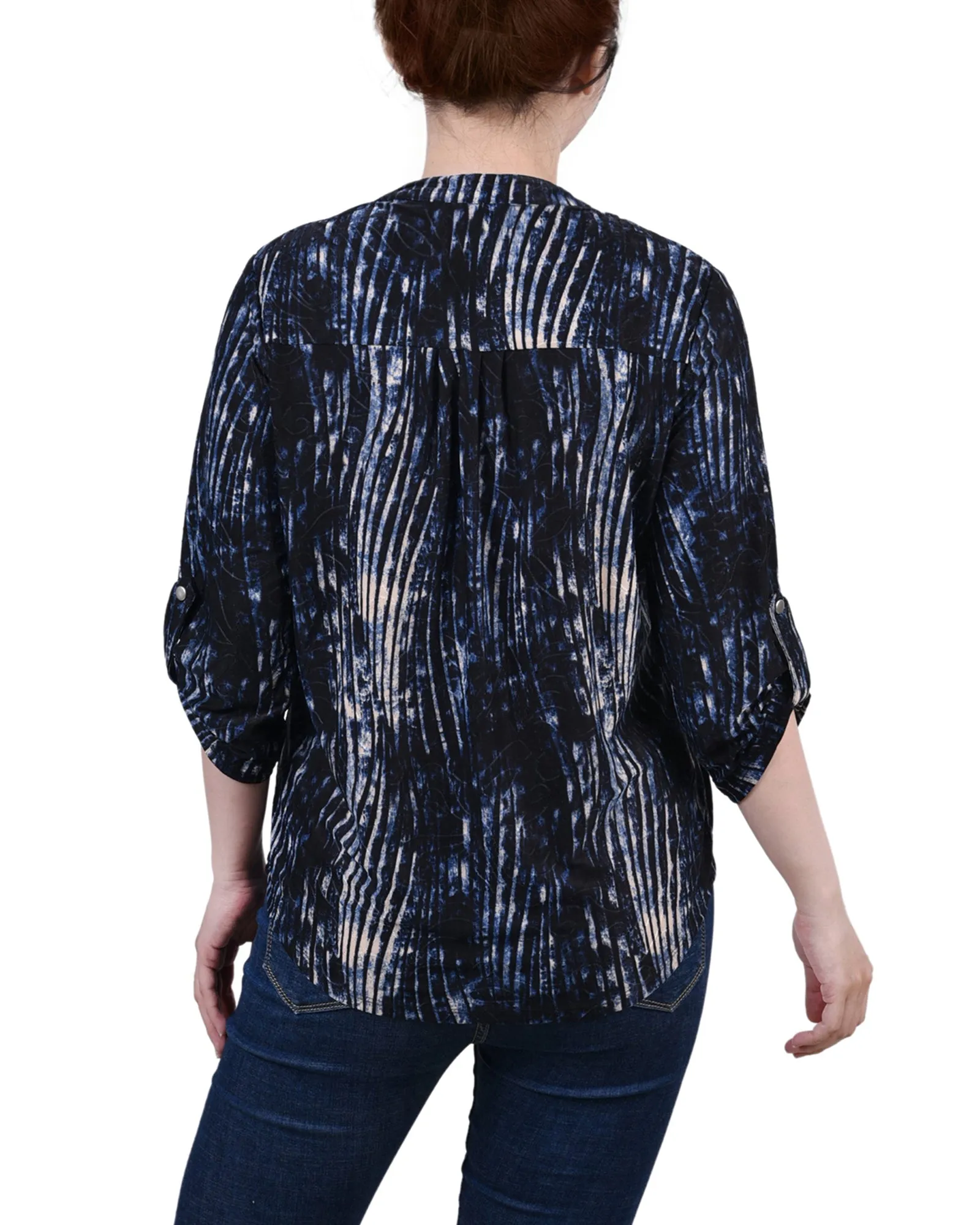 Petite 3/4 Sleeve Roll Tab Y Neck Pullover Top