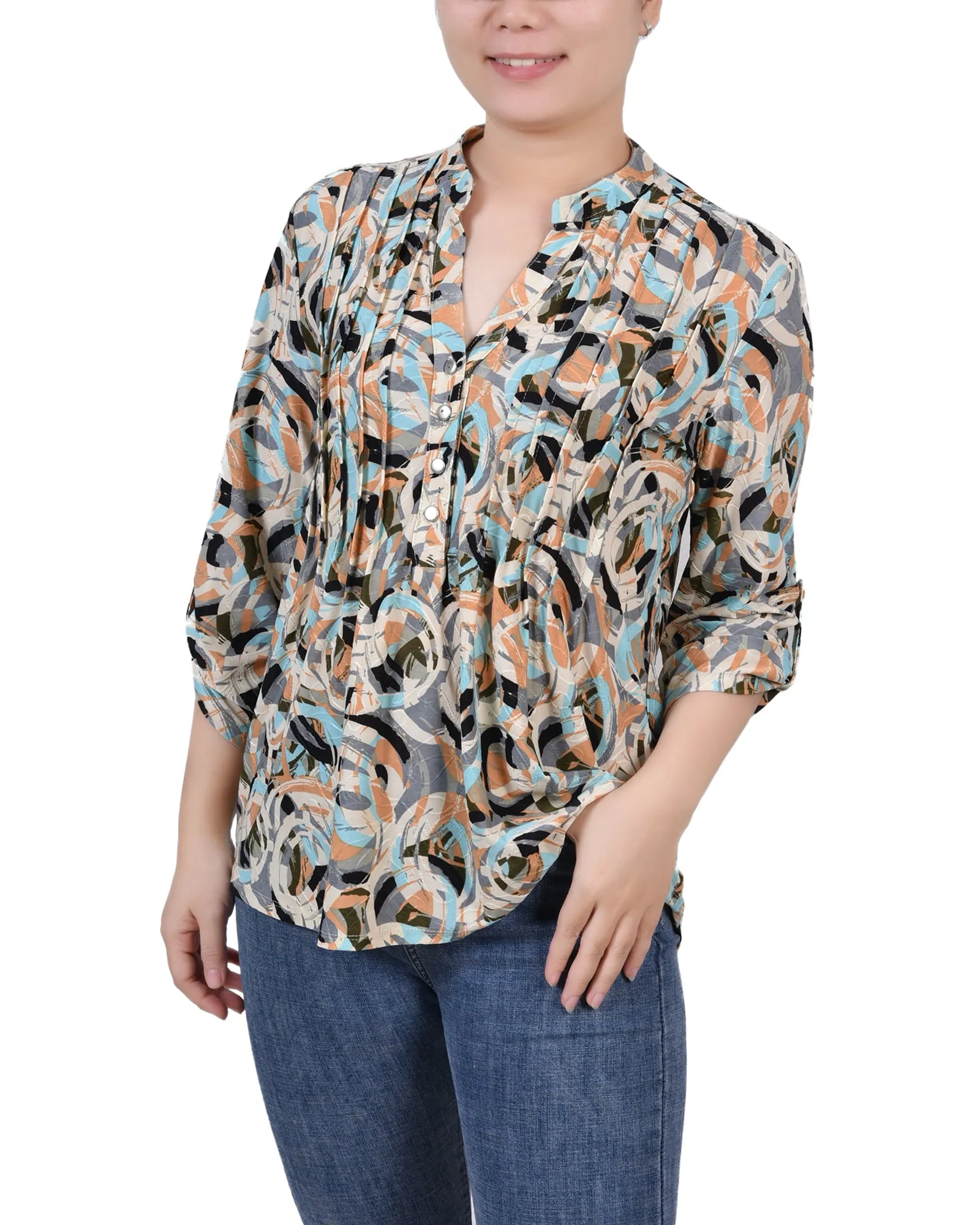 Petite 3/4 Sleeve Roll Tab Y Neck Pullover Top