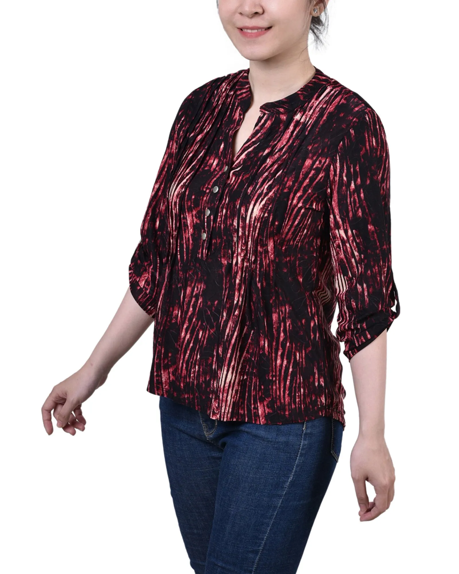 Petite 3/4 Sleeve Roll Tab Y Neck Pullover Top