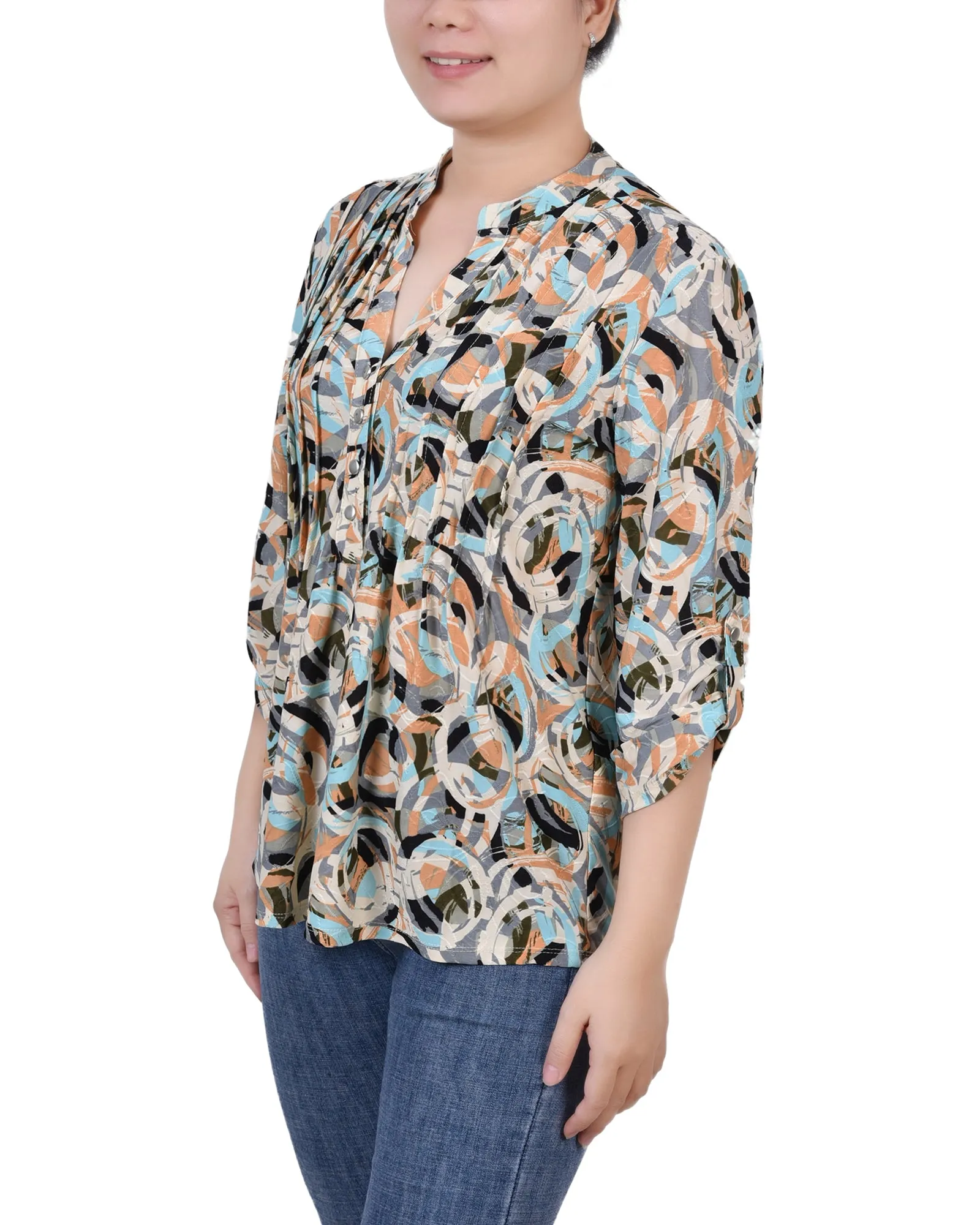 Petite 3/4 Sleeve Roll Tab Y Neck Pullover Top
