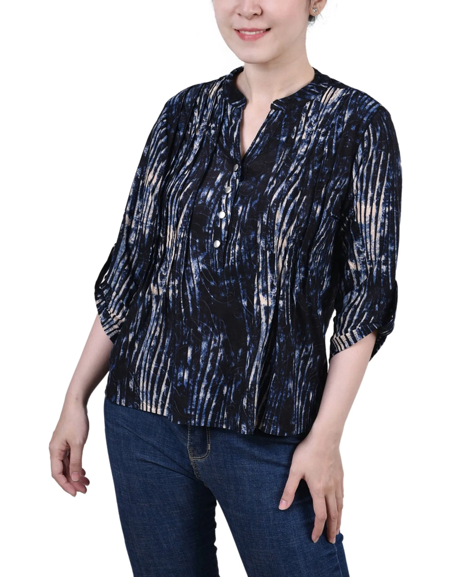 Petite 3/4 Sleeve Roll Tab Y Neck Pullover Top