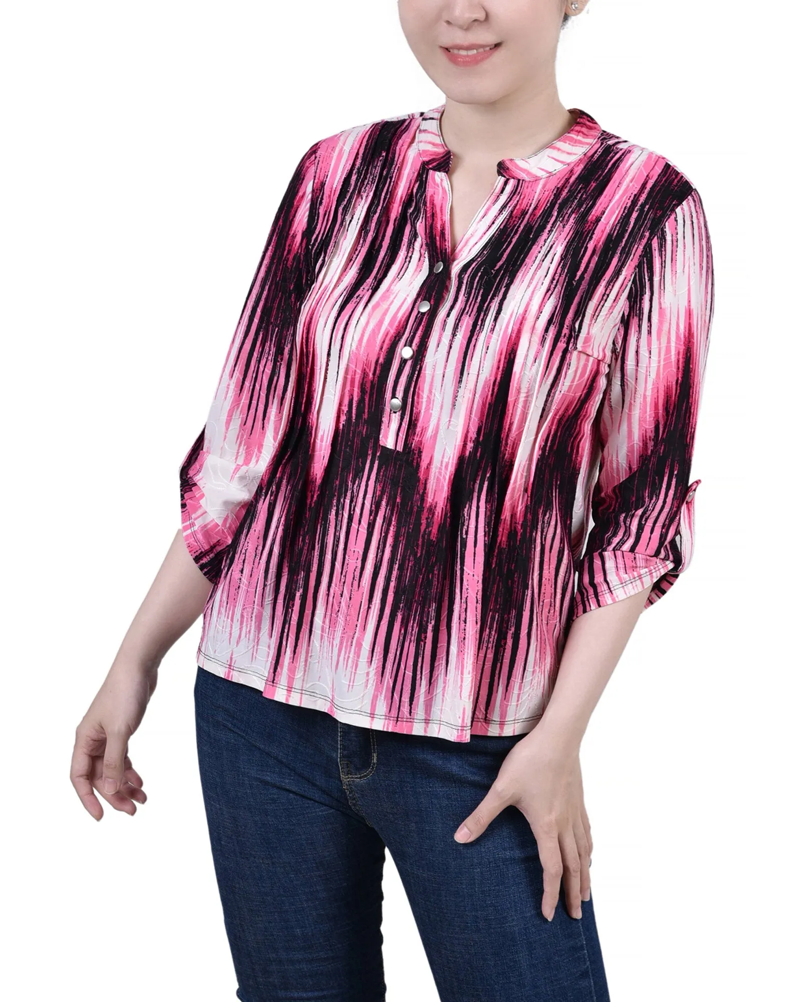 Petite 3/4 Sleeve Roll Tab Y Neck Pullover Top