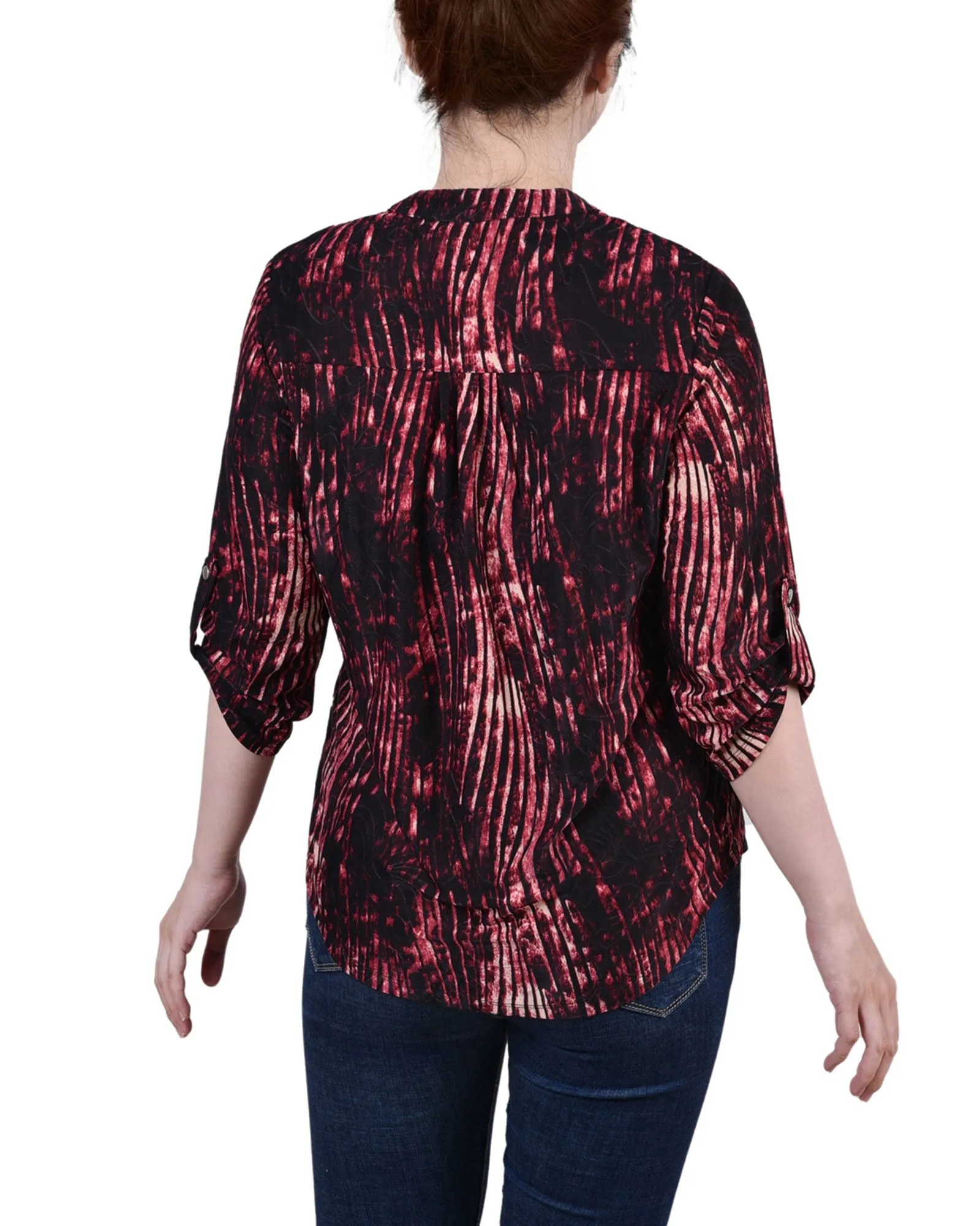 Petite 3/4 Sleeve Roll Tab Y Neck Pullover Top