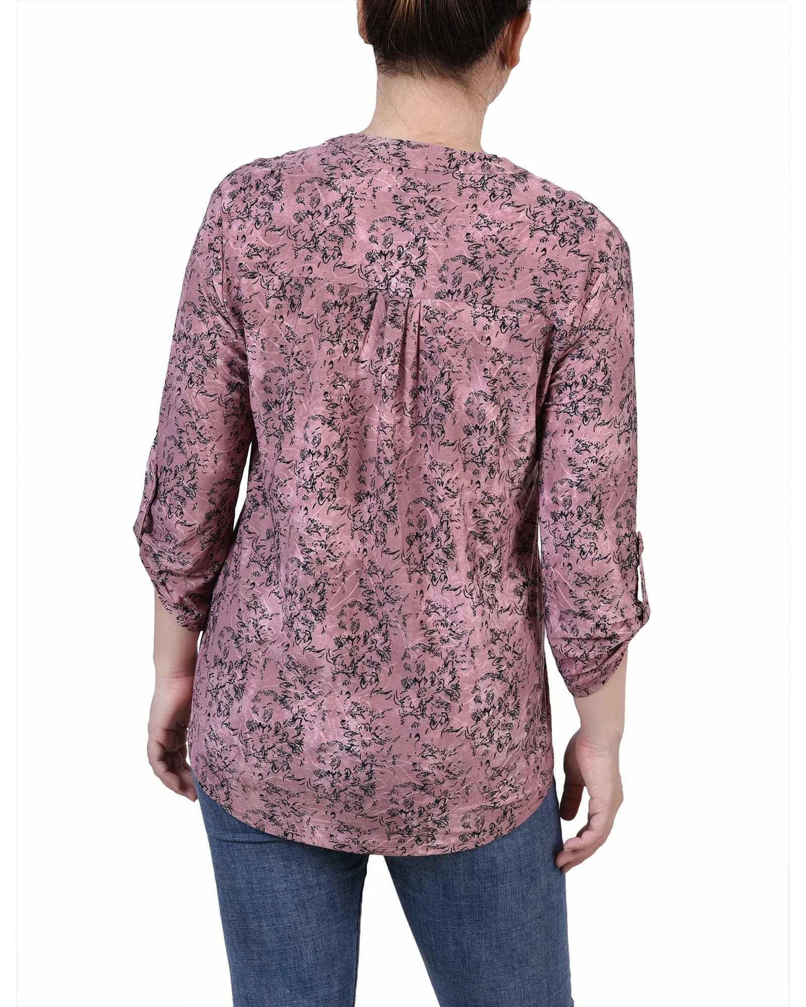 Petite 3/4 Sleeve Roll Tab Y Neck Pullover Top
